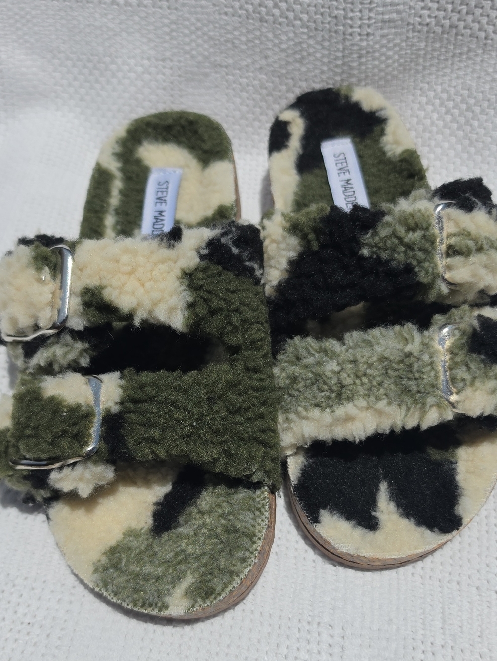 STEVE MADDEN Faux Shearling Camo Slide Sandals